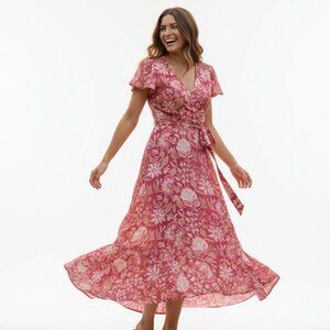 Be Bindaas Pink Floral Wrap Maxi Dress L/XL High Low Flutter Sleeve Boho Summer
